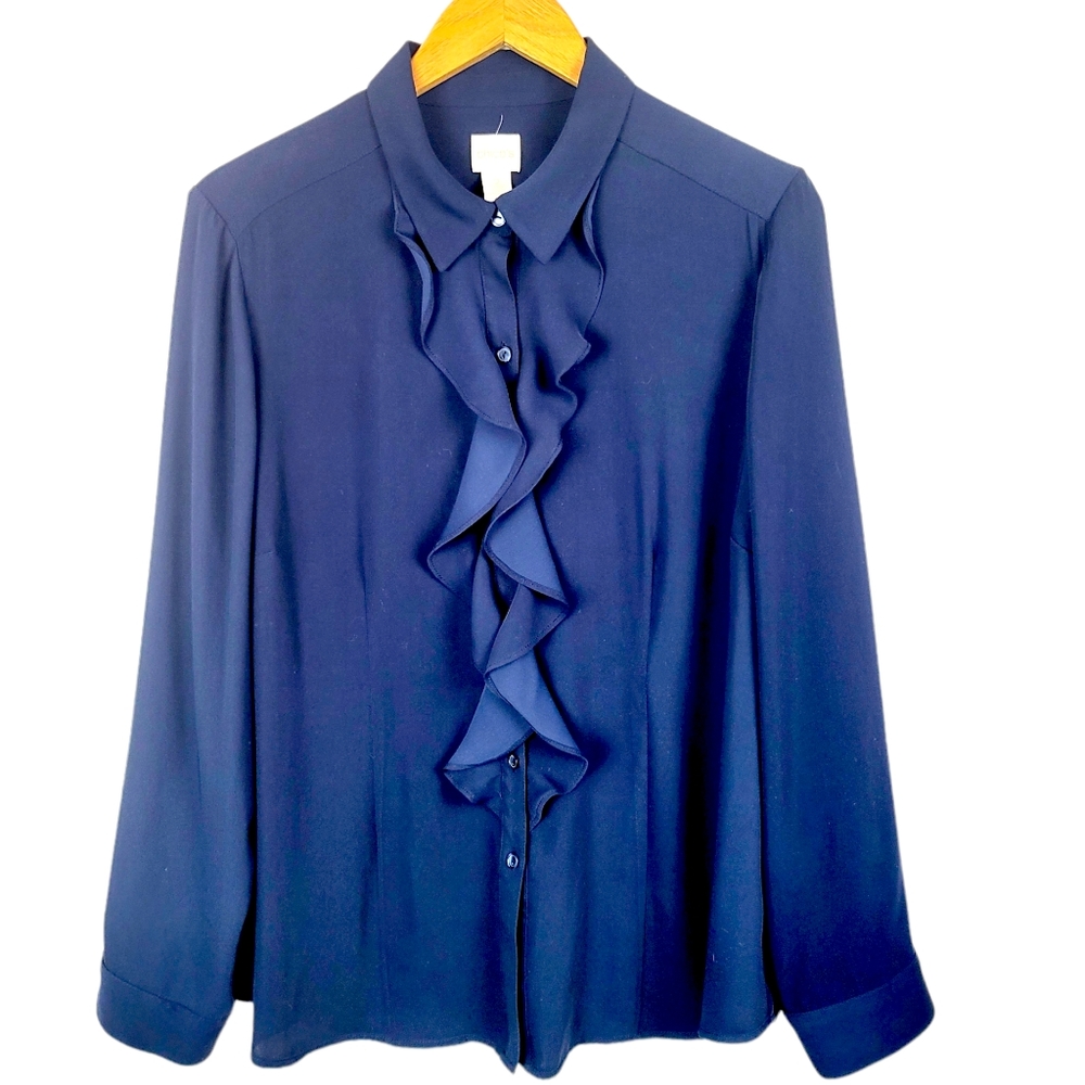 Chicos Colbalt Blue Ruffle Front Silky Blouse Size 2 Medium 12-14